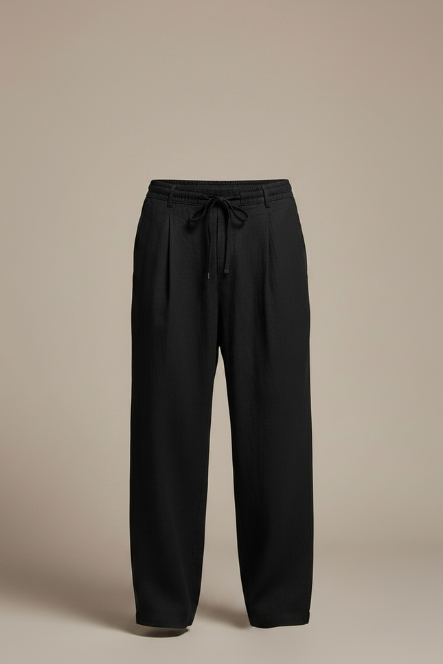Pantalon Japonais Noir Fluide Cordon Décontracté Lin - vue 3