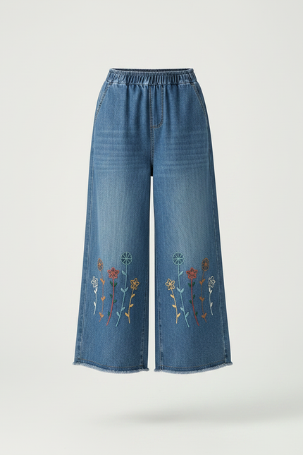 Pantalon Japonais Denim Ample Brodé Fleurs Décontracté - Bleu Jean - vue 3