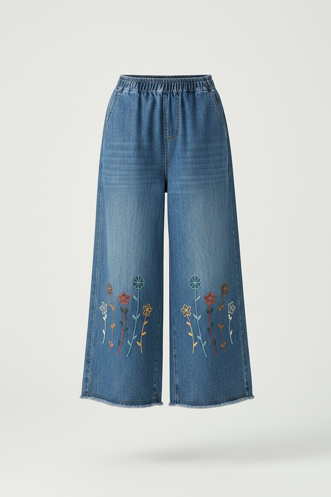 Pantalon Japonais Denim Ample Brodé Fleurs Décontracté - Bleu Jean - vue 3