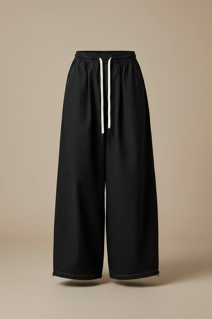 Pantalon Japonais Noir Ample Cordon Décontracté Fluide - Toile - vue 3