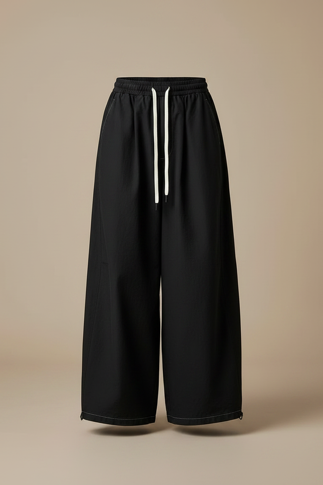 Pantalon Japonais Noir Ample Cordon Décontracté Fluide - Toile - vue 3