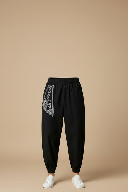 Pantalon Japonais Noir Harem Brodé Dragon Ample - Lin - vue 3