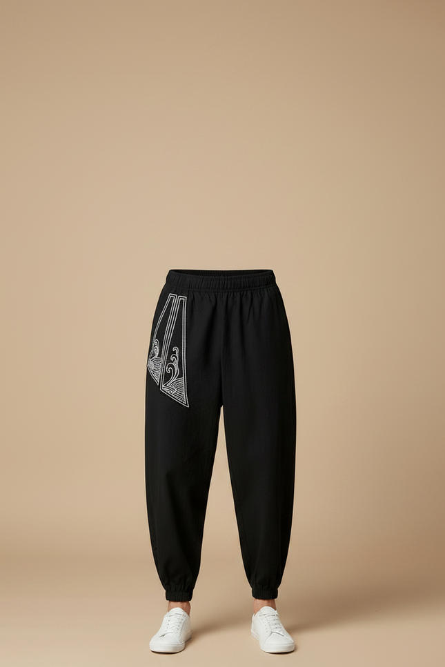 Pantalon Japonais Noir Harem Brodé Dragon Ample - Lin - vue 3
