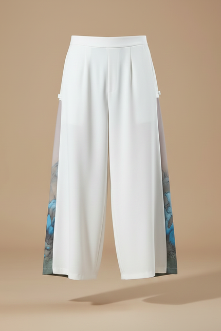 Pantalon Japonais Blanc Fluide Imprimé Floral Ample - Polyester - vue 3