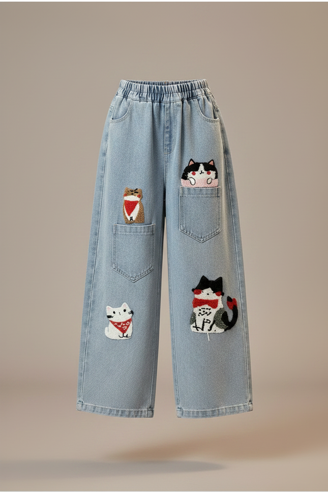 Pantalon Japonais Denim Ample Brodé Chats Mignons - Bleu Jean - vue 3