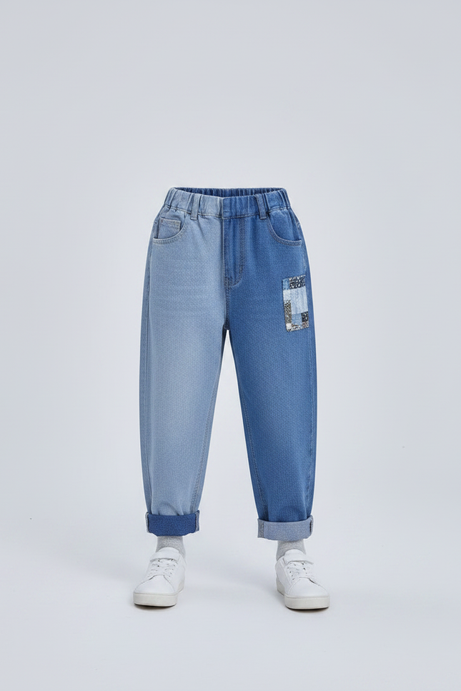 Pantalon Japonais Denim Patchwork Ample Décontracté Enfant - Bleu Jean - vue 3