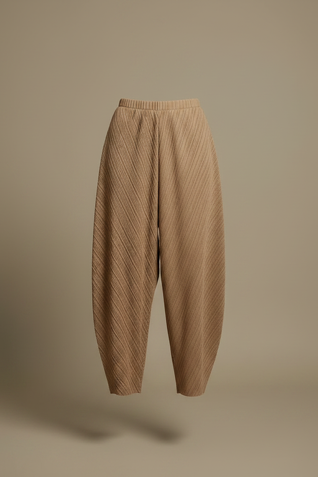 Pantalon Japonais Plissé Ample Marron Texturé Élégant - Polyester - vue 3
