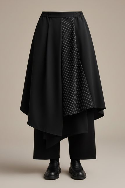Pantalon Japonais Noir Asymétrique Rayé Plissé Ample - Polyester - vue 3