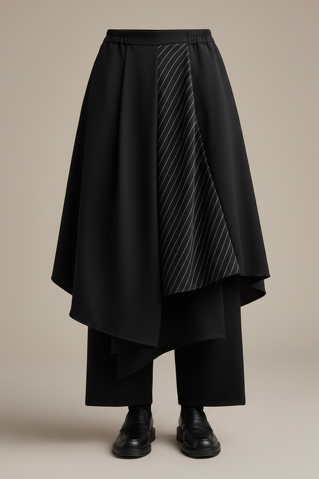 Pantalon Japonais Noir Asymétrique Rayé Plissé Ample - Polyester - vue 3