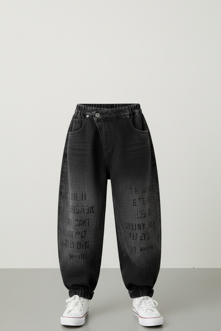 Pantalon Japonais Noir Distressed Ample Lettres Enfant - Jean - vue 3
