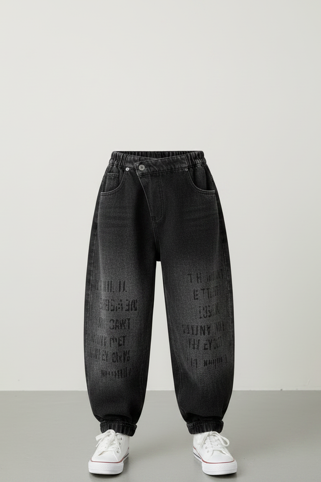 Pantalon Japonais Noir Distressed Ample Lettres Enfant - Jean - vue 3