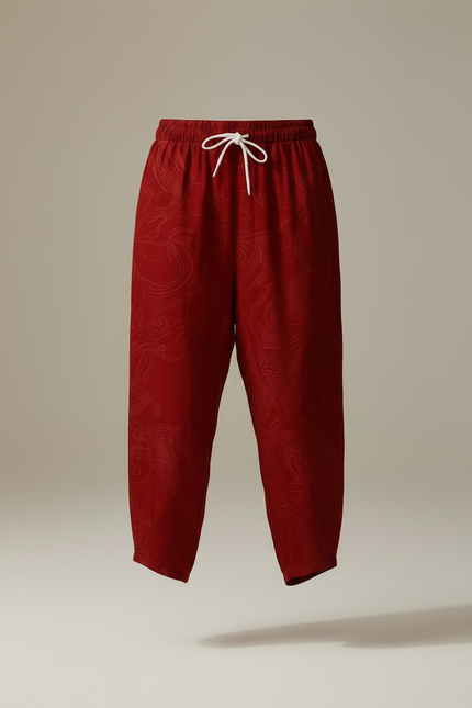Pantalon Japonais Rouge Bordeau Ample Fluide Motif Paisley - Bordeaux Viscose - vue 3