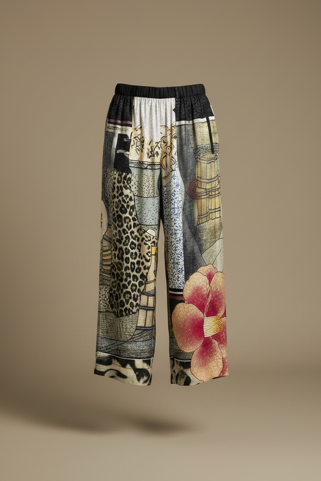 Pantalon Japonais Ample Imprimé Floral Léopard Femme - Satin - vue 3