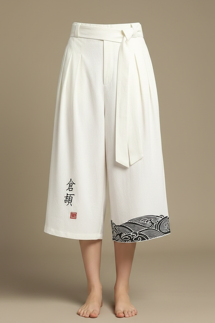Pantalon Japonais Blanc Ample Lin Brodé Vagues - vue 3