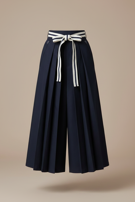 Pantalon Japonais Plissé Ample Marine Ceinturé Fille - Gabardine - vue 3