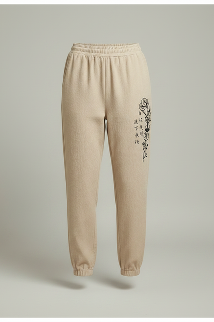 Pantalon Japonais Beige Ample Brodé Coton Décontracté - Molleton - vue 3