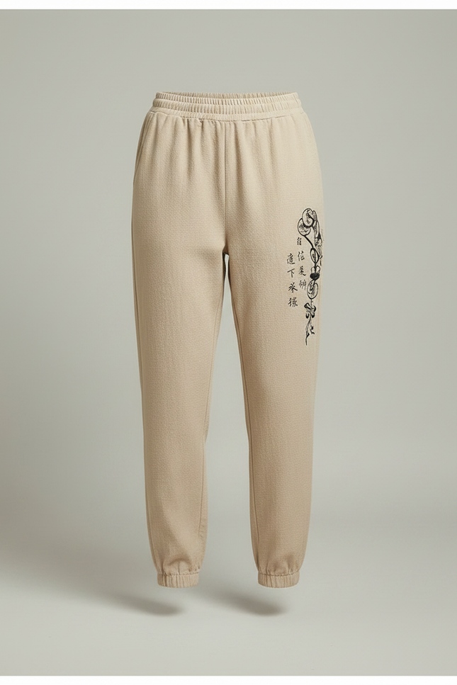 Pantalon Japonais Beige Ample Brodé Coton Décontracté - Molleton - vue 3
