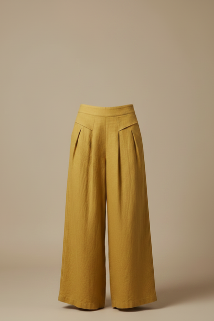 Pantalon Japonais Moutarde Lin Ample Plissé Décontracté - Jaune - vue 3