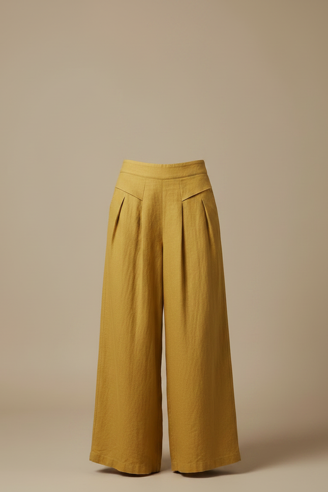 Pantalon Japonais Moutarde Lin Ample Plissé Décontracté - Jaune - vue 3