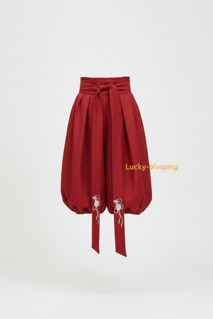 Pantalon Japonais Rouge Bouffant Brodé Ceinturé Fille - Coton - vue 3