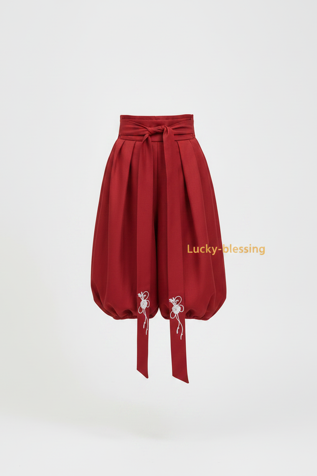Pantalon Japonais Rouge Bouffant Brodé Ceinturé Fille - Coton - vue 3