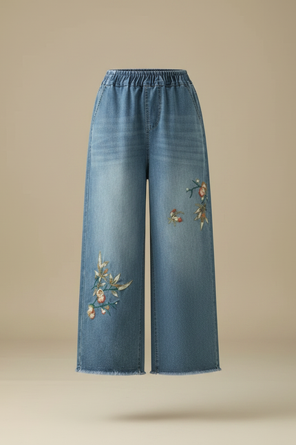 Pantalon Japonais Denim Ample Fleuri Brodé Femme Décontracté - Bleu Jean - vue 3