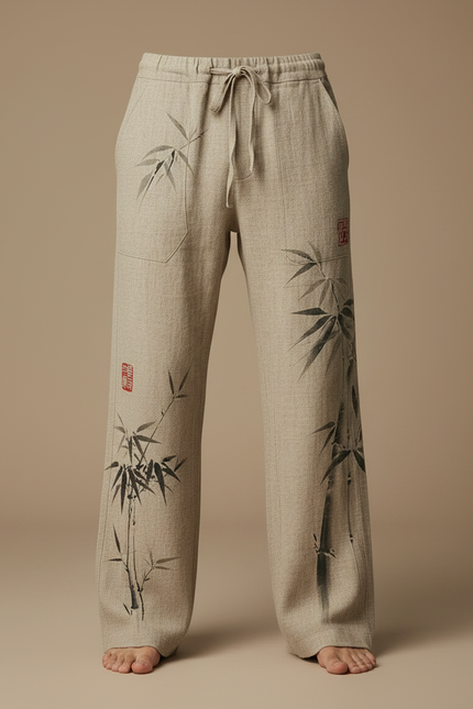 Pantalon Japonais Lin Ample Bambou Beige Décontracté - vue 3
