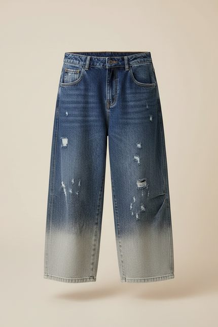 Pantalon Japonais Denim Dégradé Ample Droit Décontracté - Bleu Jean - vue 3