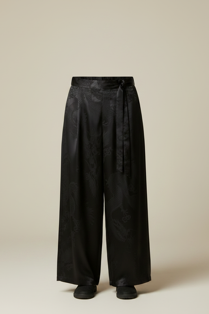 Pantalon Japonais Noir Satin Jacquard Dragon Ample Homme - vue 3