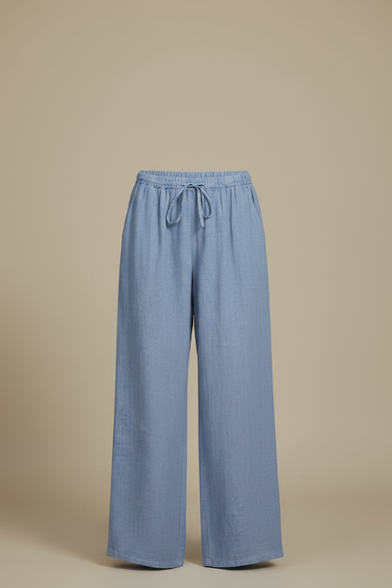 Pantalon Japonais Bleu Lin Ample Cordon Fluide - vue 3