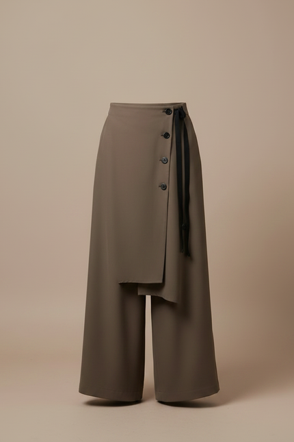Pantalon Japonais Marron Asymétrique Fluide Élégant - Kaki Polyester - vue 3