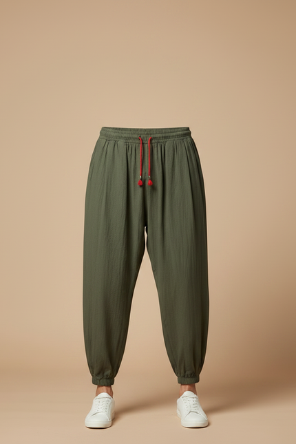 Pantalon Japonais Vert Ample Coton Lin Décontracté Homme - Kaki - vue 3