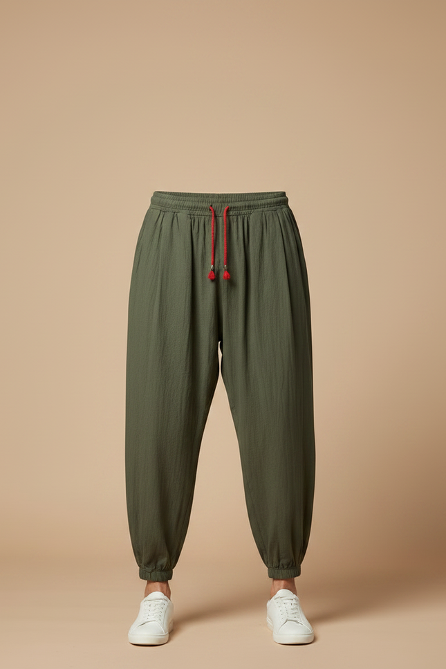 Pantalon Japonais Vert Ample Coton Lin Décontracté Homme - Kaki - vue 3