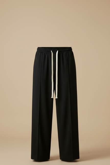 Pantalon Japonais Noir Fluide Ample Cordon Décontracté - Polyester - vue 3