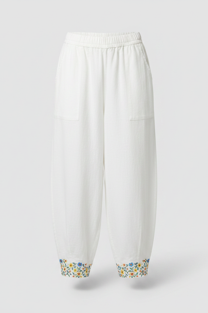 Pantalon Japonais Lin Blanc Ample Floral Femme - vue 3