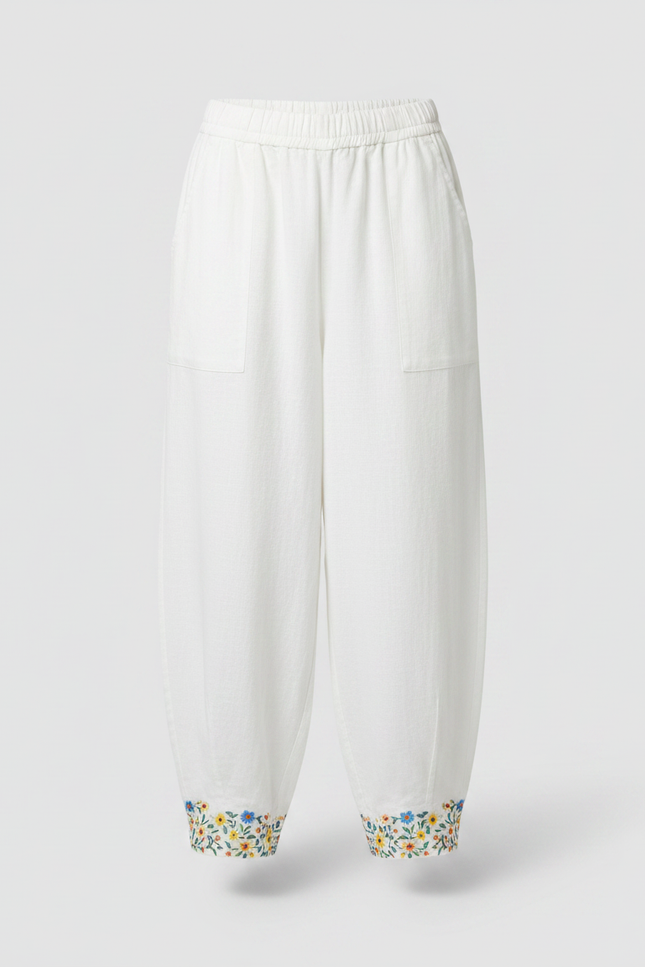 Pantalon Japonais Lin Blanc Ample Floral Femme - vue 3