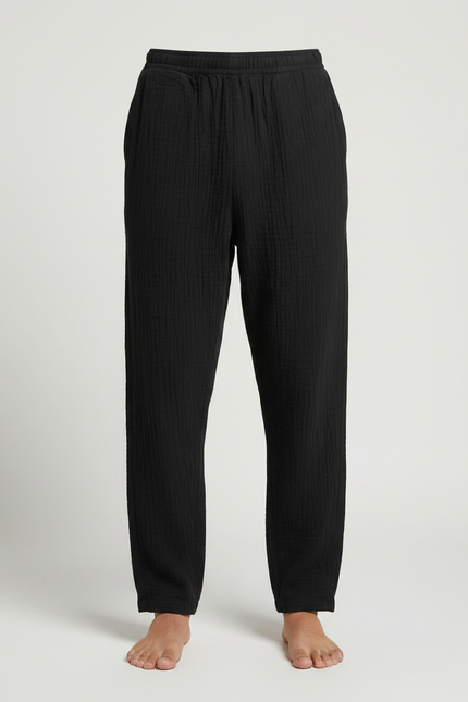 Pantalon Japonais Noir Texturé Ample Coton Confortable - vue 3