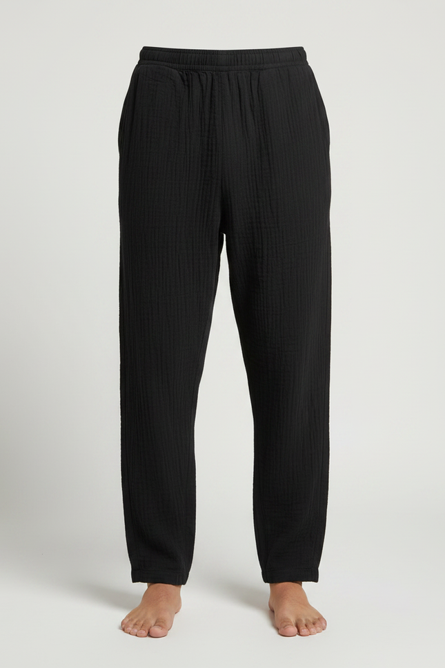 Pantalon Japonais Noir Texturé Ample Coton Confortable - vue 3