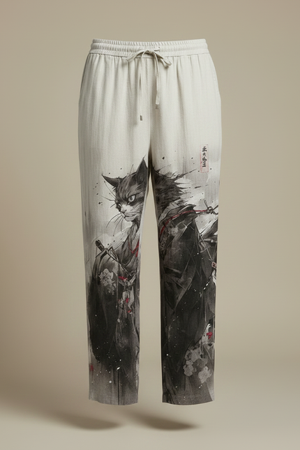 Pantalon Japonais Gris Imprimé Chat Samurai Ample - Lin - vue 3