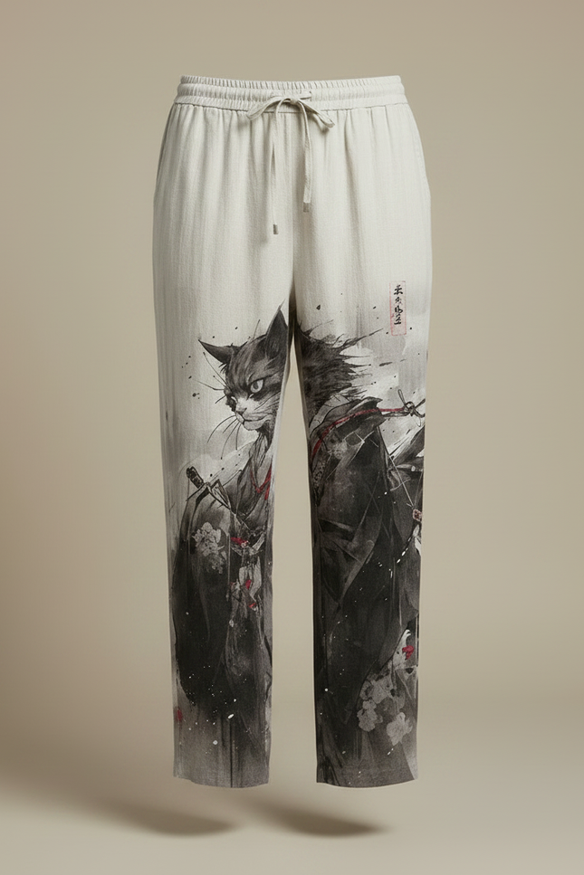 Pantalon Japonais Gris Imprimé Chat Samurai Ample - Lin - vue 3