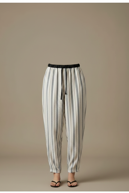 Pantalon Japonais Rayé Ample Lin Coton Décontracté - Beige - vue 3