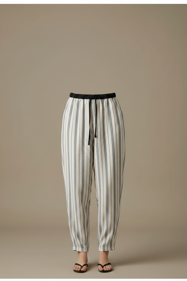 Pantalon Japonais Rayé Ample Lin Coton Décontracté - Beige - vue 3