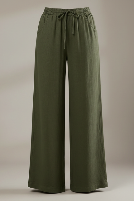 Pantalon Japonais Large Vert Lin Casual Femme - Kaki - vue 3