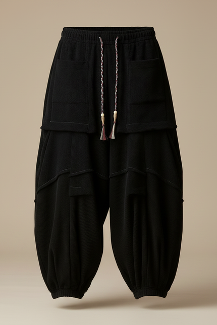 Pantalon Japonais Noir Côtelé Ample Plissé Décontracté - Cordé - vue 3