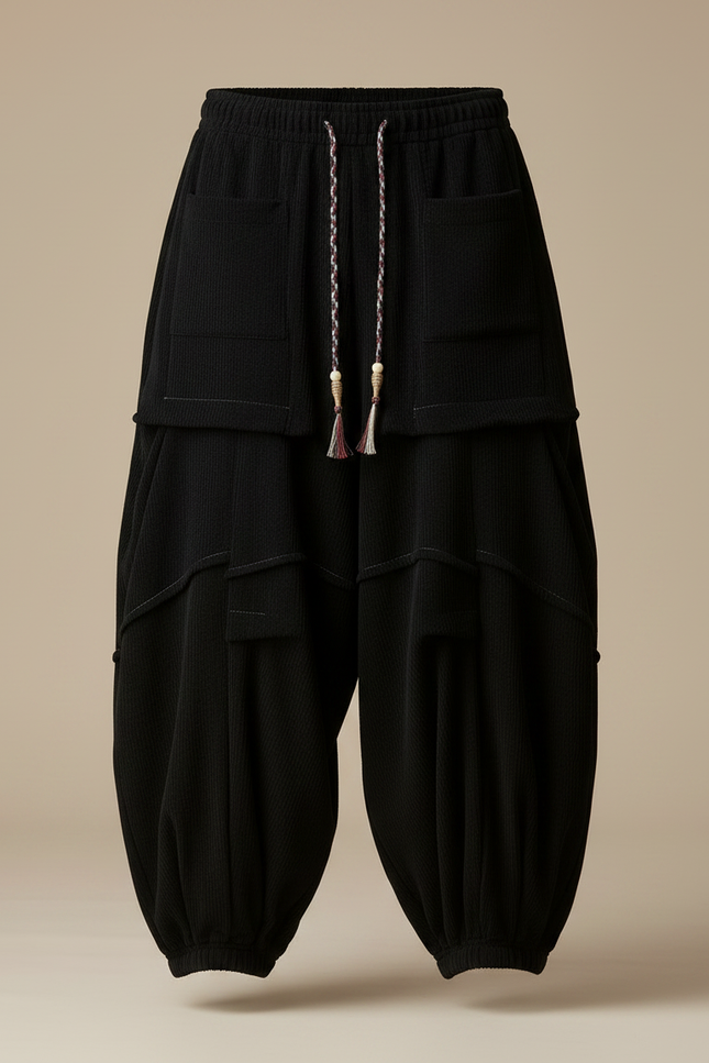 Pantalon Japonais Noir Côtelé Ample Plissé Décontracté - Cordé - vue 3