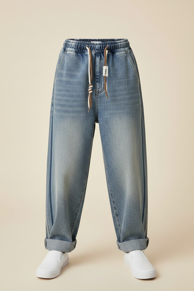 Pantalon Japonais Denim Ample Rayures Décontracté Enfant - Bleu Jean - vue 3