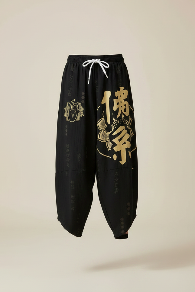 Pantalon Japonais Noir Ample Imprimé Doré Enfant - Viscose - vue 3