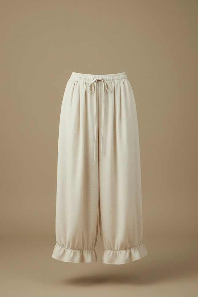 Pantalon Japonais Beige Ample Volants Cordon Décontracté - Lin - vue 3