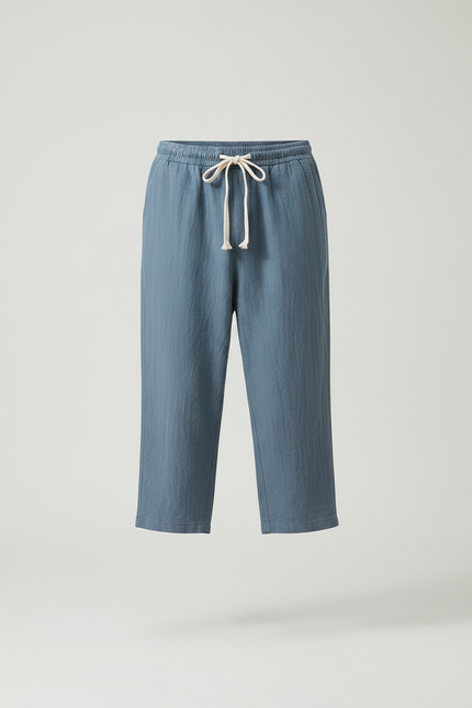 Pantalon Japonais Bleu Coton Ample Court Cordon Décontracté - Lin - vue 3