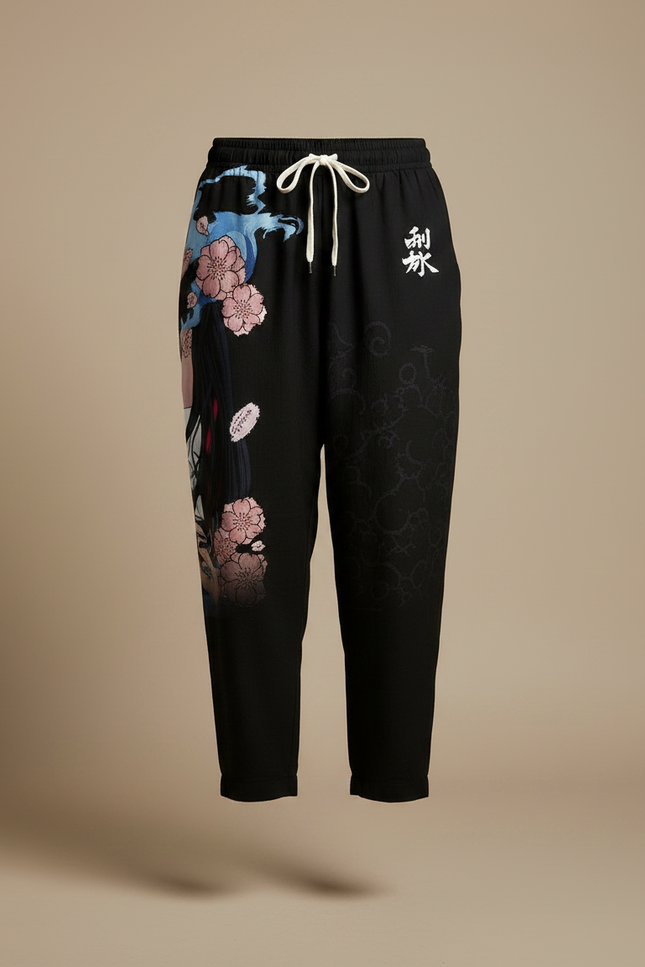 Pantalon Japonais Noir Fleuri Ample Fluide - Viscose - vue 3